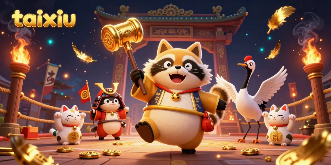 Bet on taixiu with a cheerful tanuki and lucky elements in a vibrant casino scene.