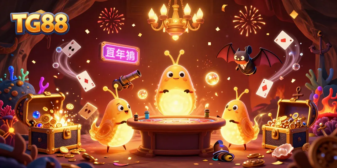 Experience the excitement at TG88 with glowworms lighting up a vibrant casino scene filled with treasures.