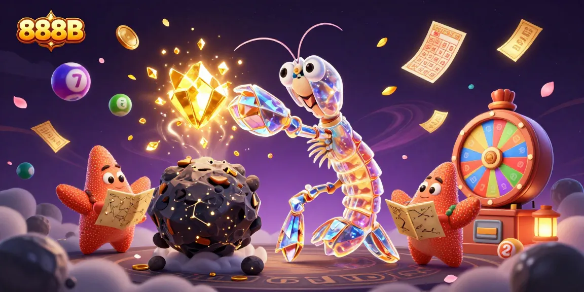 Win exciting prizes with 888B in a vibrant, immersive online casino scene filled with lottery elements.