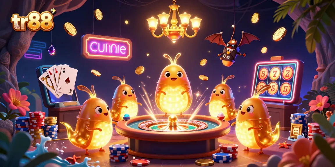 Engage with tr88's vibrant casino scene filled with glowing characters and lively gambling elements.