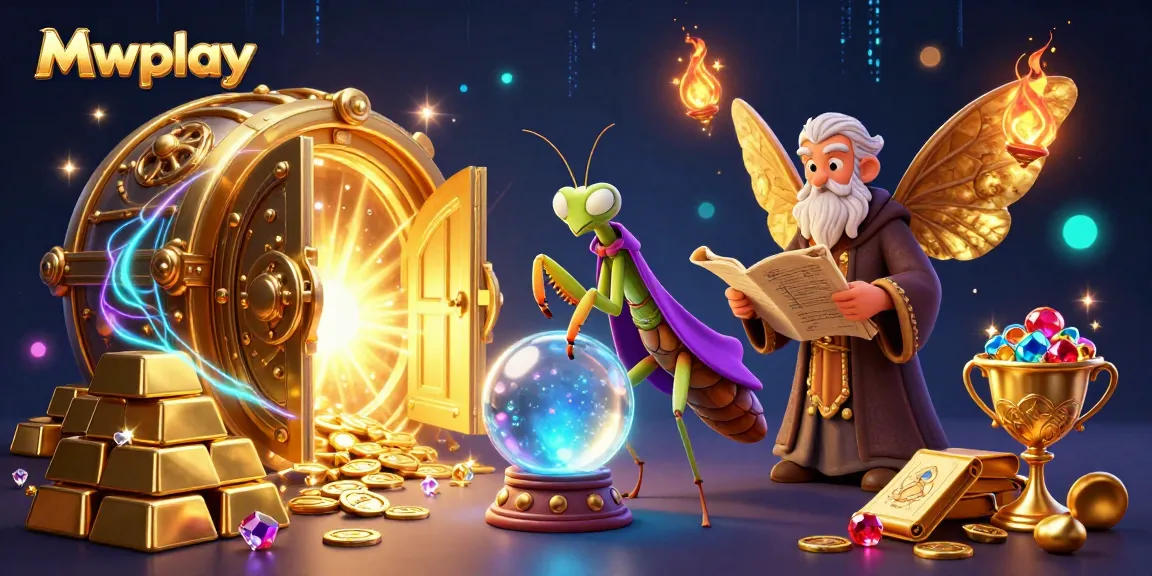Experience the vibrant magic of Mwplay with an enchanting 3D illustration depicting fortune tellers and treasure.