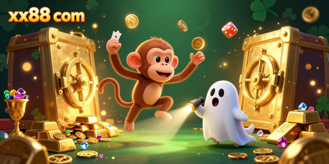 Engage with the rich gaming experience at xx88 com, featuring dynamic visuals of a juggler ghost monkey and a curious puppy in a casino.
