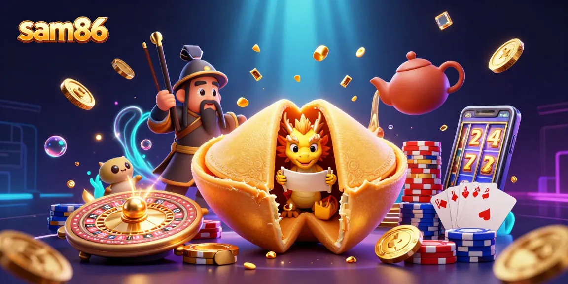 Experience the excitement at sam86 with a vibrant casino illustration showcasing games and characters.
