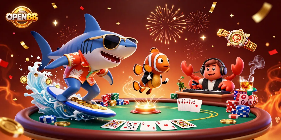 Engage with OPEN88's exciting casino scene featuring vibrant characters and poker games.