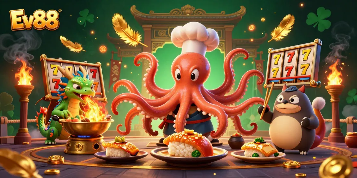 Experience the excitement of Ev88 with a vibrant 3D illustration showcasing dynamic casino gameplay elements and characters.