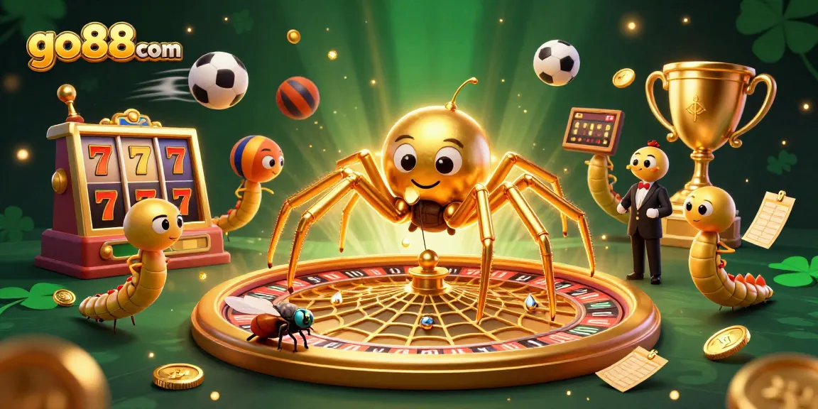 Experience the excitement of go88com with a golden spider and dynamic game elements in a vibrant casino scene.