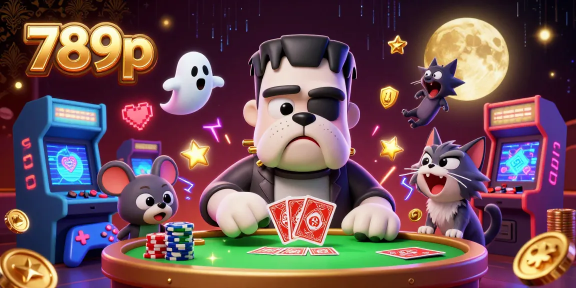 Experience thrilling casino action with 789p as the Frankenstein bulldog deals cards and a ghost mouse floats nearby.