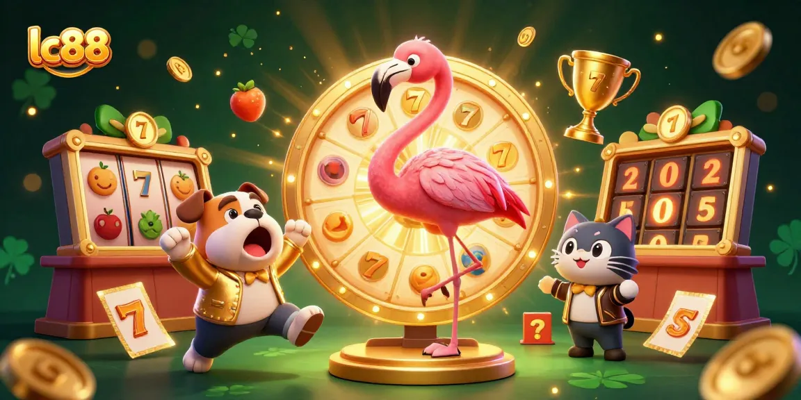 Spin the giant prize wheel at lc88 with a flamingo host, bulldog winner, and vibrant slot elements.