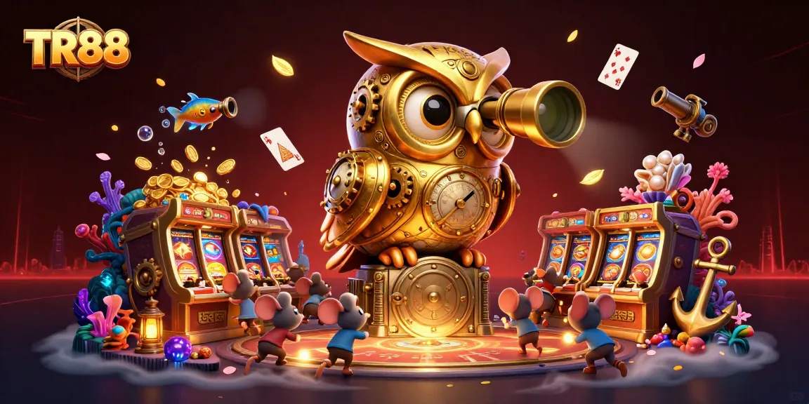 Experience the excitement of TR88 casino with a clockwork owl and dynamic gaming elements.