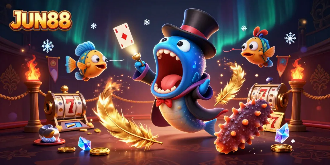Engage in thrilling card tricks with JUN88's vibrant casino atmosphere, featuring playful sea creatures.