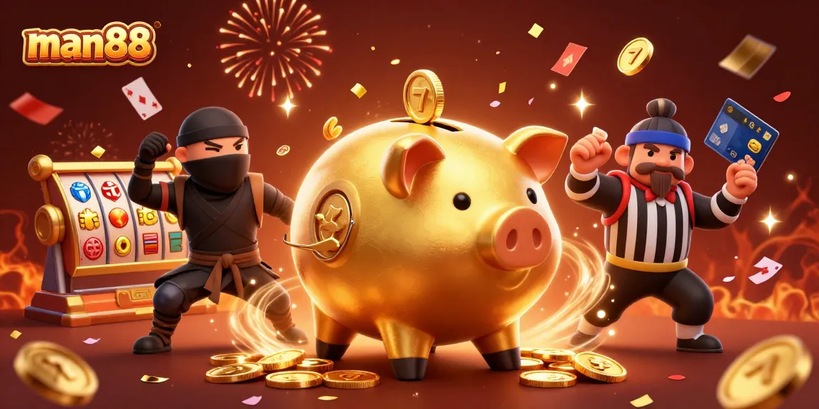 Engage with man88's vibrant casino scene showcasing a golden piggy bank and dynamic gaming elements.