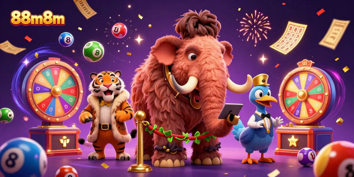 Experience the vibrant excitement of 88m8m casino with a woolly mammoth bouncer and a saber-tooth tiger VIP guest.