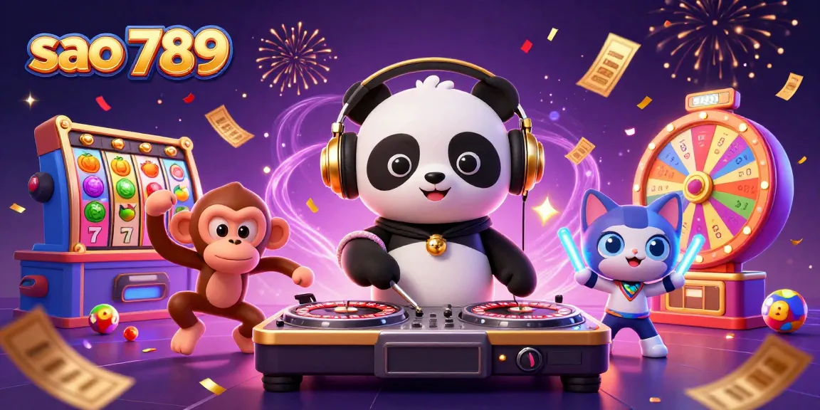 Experience the thrill of playing at sao 789 with vibrant slot reels and festive characters in a casino scene.