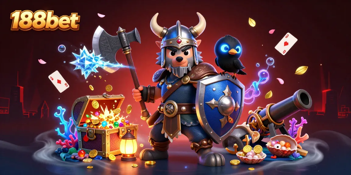 Experience the thrill of 188bet with a Viking wolf, fierce dragon, and treasures exploding in a vibrant casino scene.