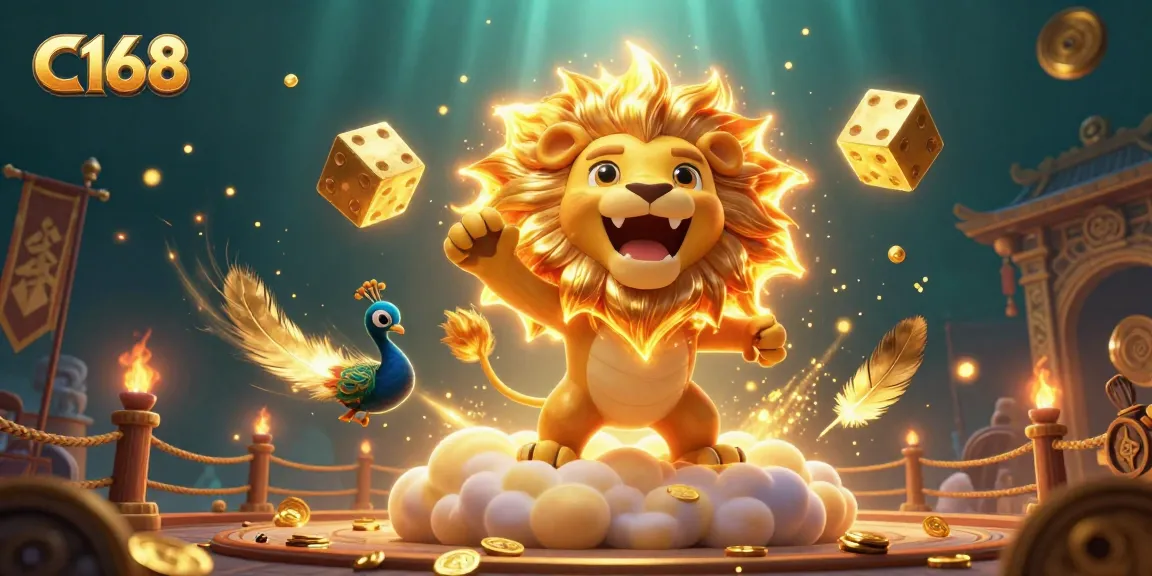 C168 gamers celebrate with golden dice and a sun lion on a vibrant casino scene.