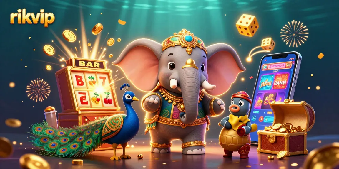 Experience big wins at rikvip's vibrant casino games with joyful elephant and festive elements.