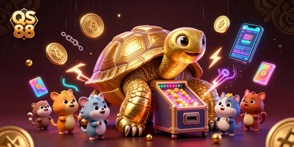 Engage in the exciting world of QS 88 casino, featuring a fun 3D tortoise pinball machine with glowing cryptocurrency elements.