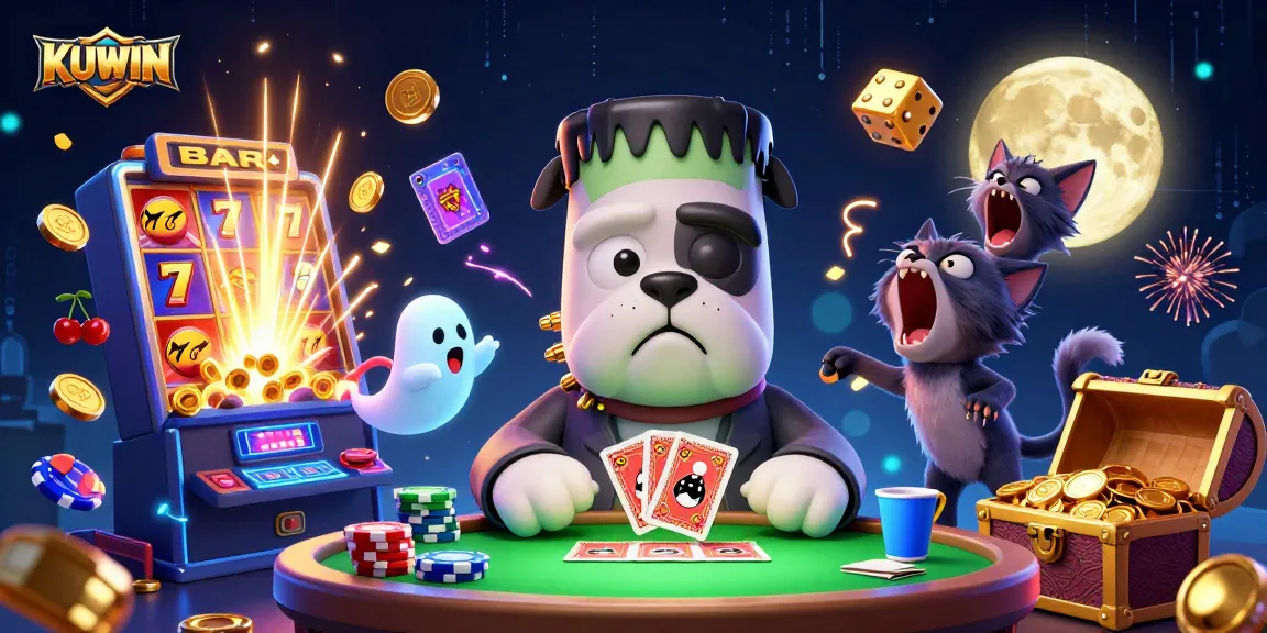 KUWIN showcases a lively casino scene with a bulldog monster dealing cards and a slot machine bursting with coins.