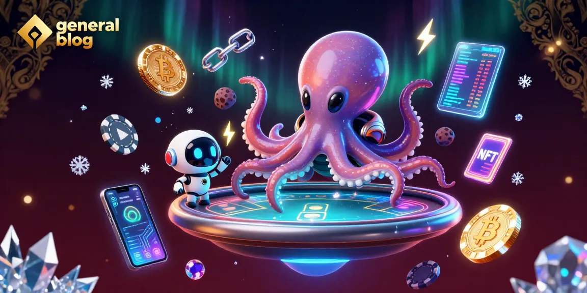 Engage with the creative universe of the general blog featuring an alien octopus playing poker amidst vibrant cosmic elements.