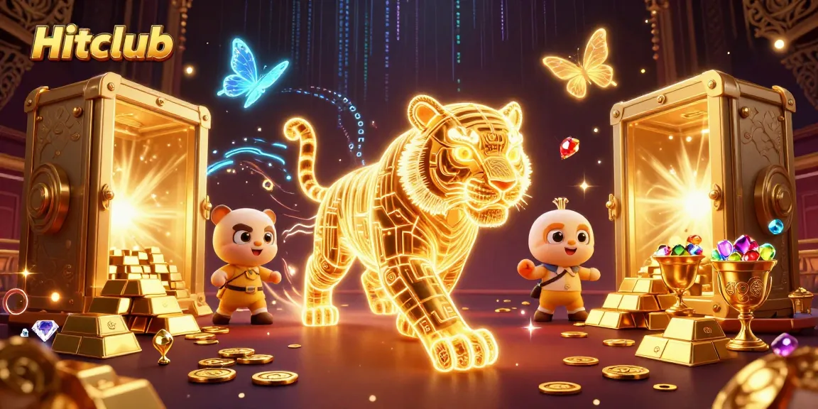 Hitclub players chase vibrant winnings in a lavish casino scene filled with treasures.