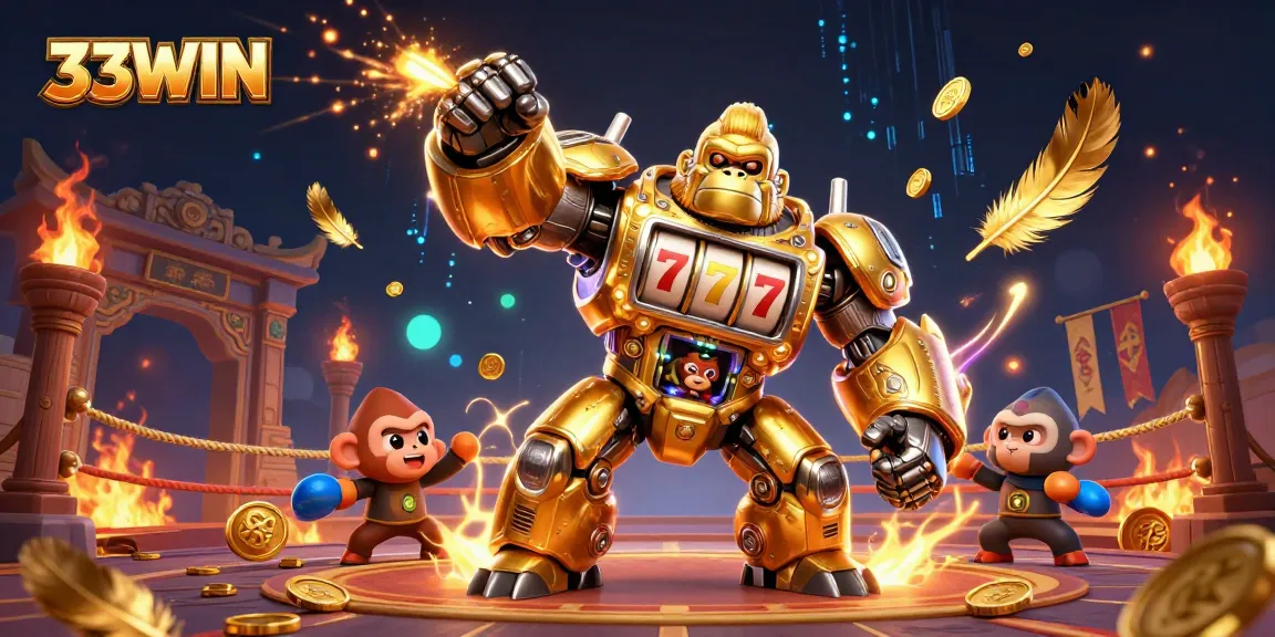 33WIN casino illustration featuring a golden gorilla mech bursting with coins and vibrant gaming elements.