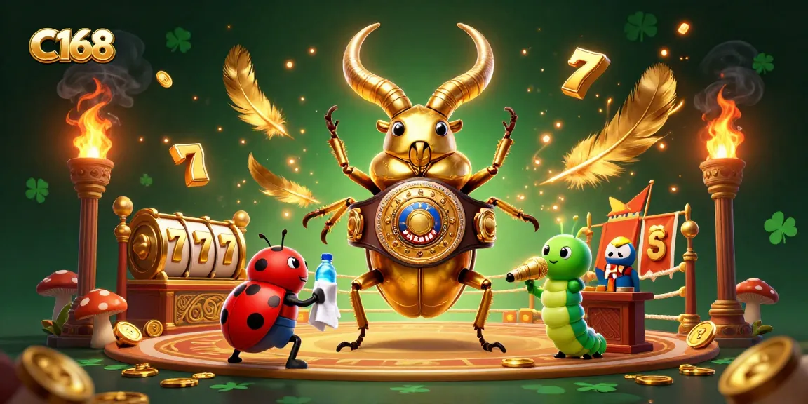 C168 showcases a thrilling slot game atmosphere with dynamic gold beetle and ladybug characters.