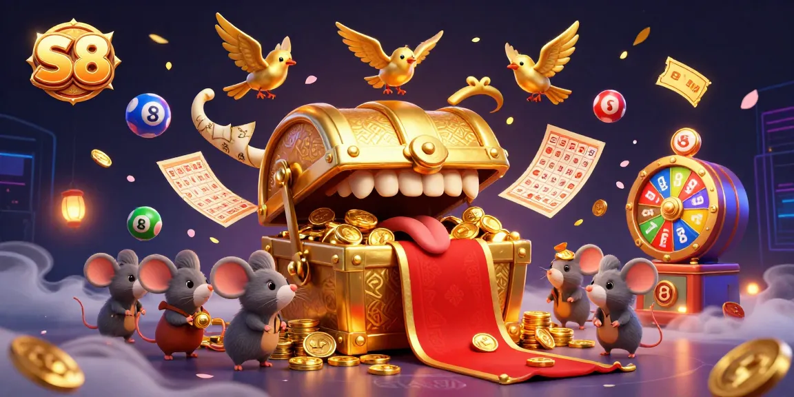 S8 engages players with a vibrant 3D illustration of a golden treasure chest offering riches and excitement in online gambling.