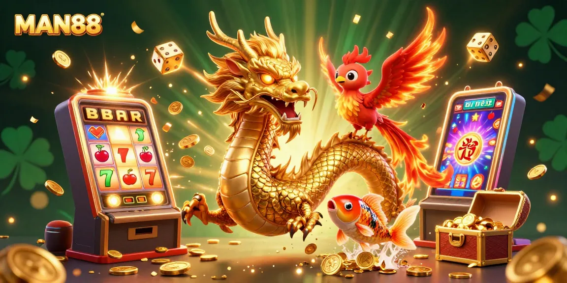 Experience thrilling wins with MAN88 as a golden dragon, phoenix, and koi fish burst through vibrant casino elements.